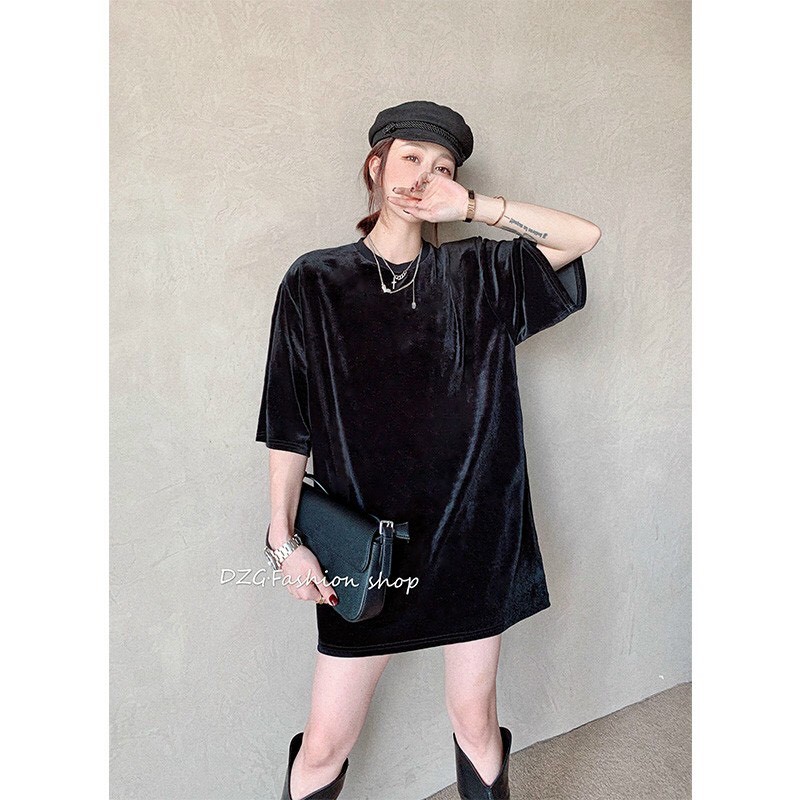 Áo phông nhung đen form rộng tay lỡ chất thoáng mát, thấm hút, không nhăn form rộng | BigBuy360 - bigbuy360.vn