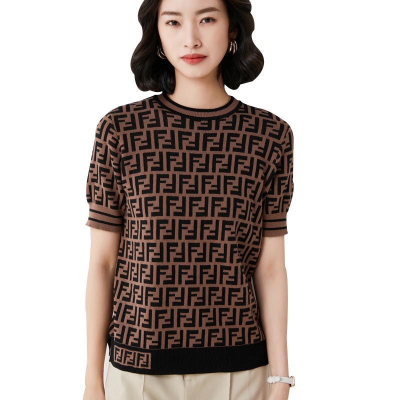 Áo Thun Dệt Kim Tay Ngắn Cổ Tròn Họa Tiết Kẻ Sọc Phong Cách Retro Thời Trang Mùa Hè Cho Nữ