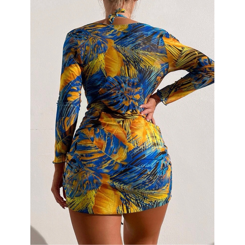 Bộ Đồ Bơi Ba Mảnh Phối Lưới Dây Rút Chống Nắng In Họa Tiết Phong Cách Âu Mỹ Mới Cho Nữ