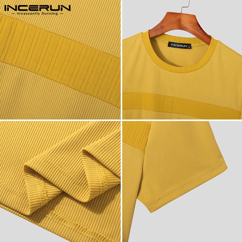 Áo thun Incerun dệt kim tay ngắn màu trơn cá tính cho nam