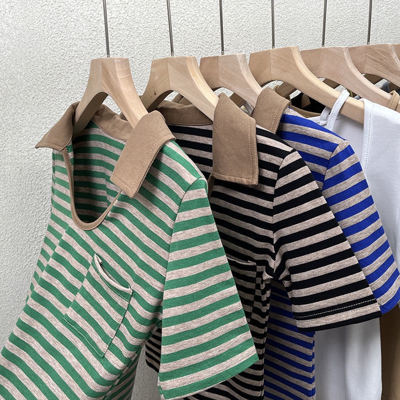 Áo Thun Cotton Cổ Bẻ Kẻ Sọc Thời Trang Cho Nữ