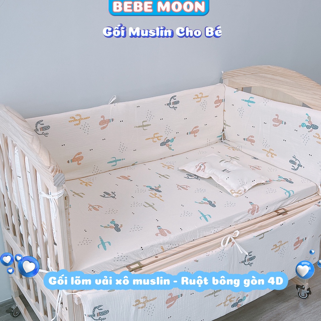 Gối Lõm Cho Bé Vải Xô Muslin 100% - Ruột Bông Gòn 4D Êm Ái