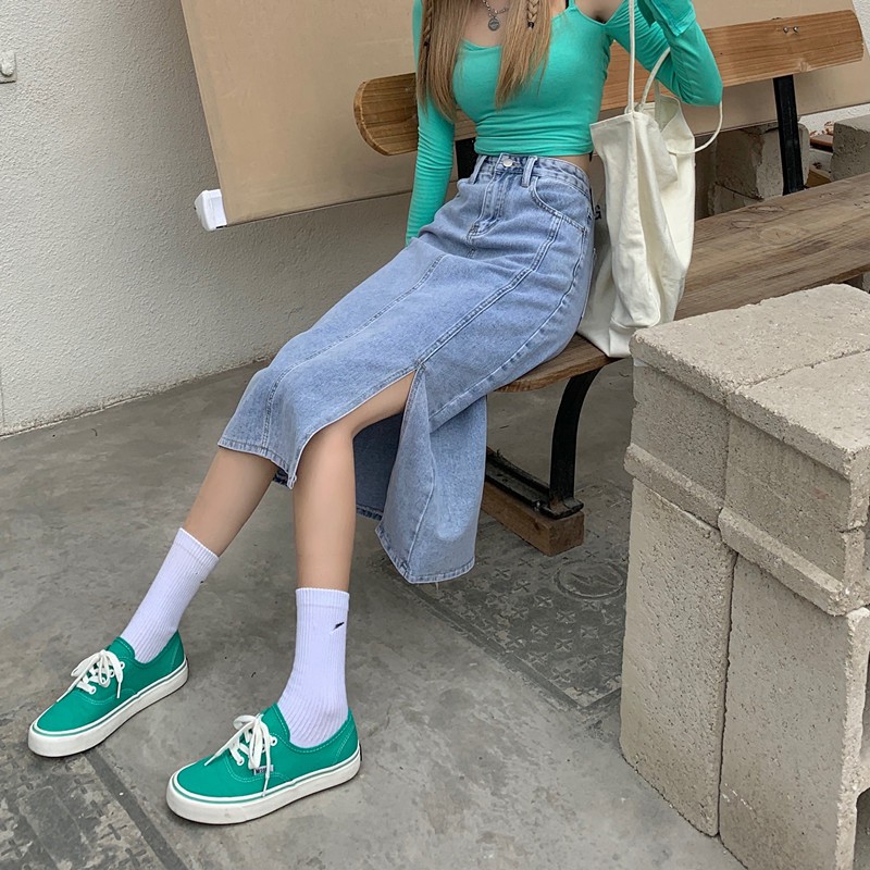 Chân Váy Denim Chữ A Lưng Cao Phong Cách Vintage | BigBuy360 - bigbuy360.vn