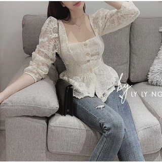 🍃 ÁO REN HOA CÚC CỔ VUÔNG BO EO‼️