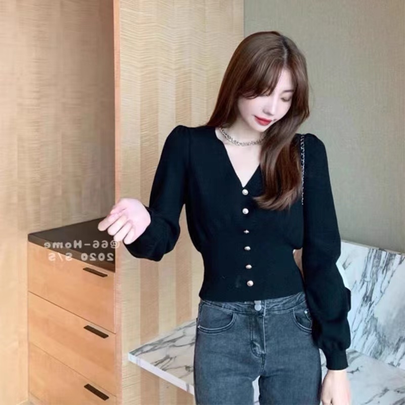 Áo Croptop Dệt Kim Tay Dài Cổ Chữ V Thiết Kế Mới Thời Trang Mùa Thu Đông Dành Cho Nữ