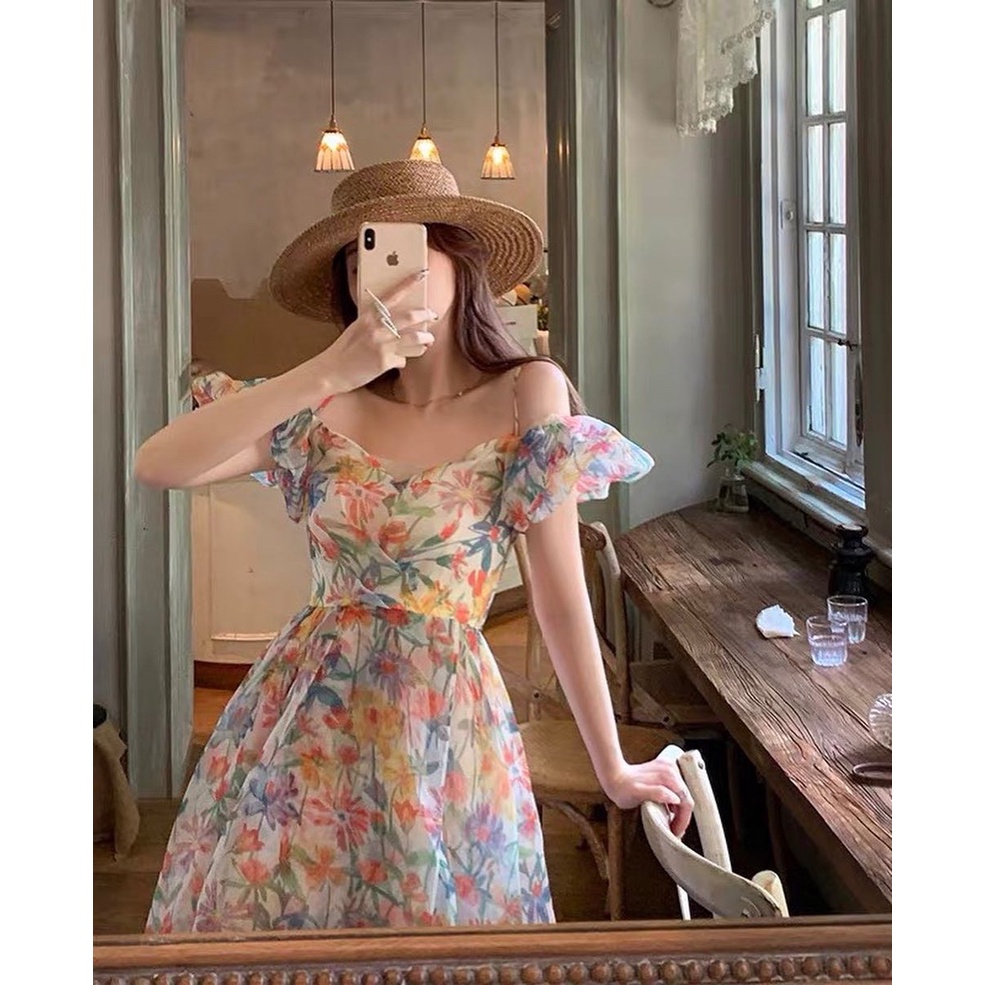 Đầm hoa rớt vai đan dây sống ảo hết sức sang chảnh HAKIEU