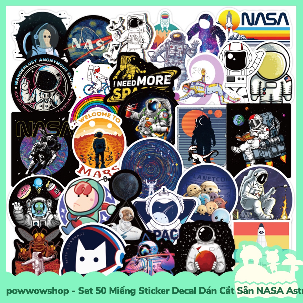 [Sẵn VN - Hỏa Tốc] Set 50 Miếng Sticker Decal Cắt Sẵn DIY Dán Trang Trí Vật Dụng Mẫu NASA Space Astronaut Kiddy