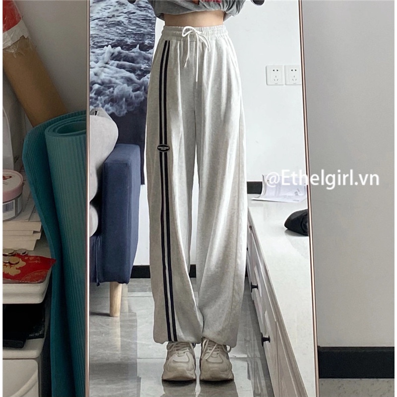 Quần Thể Thao Lưng Cao Ống Rộng Họa Tiết Kẻ Sọc Size S-4XL Phong Cách Hong Kong Cho Nữ