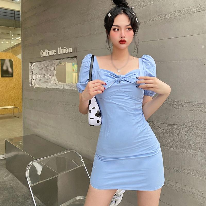 Shinee Korean Fashion Women's Dress Retro Bubble Sleeve Bow Sexy Self-cultivation Thin Dresses