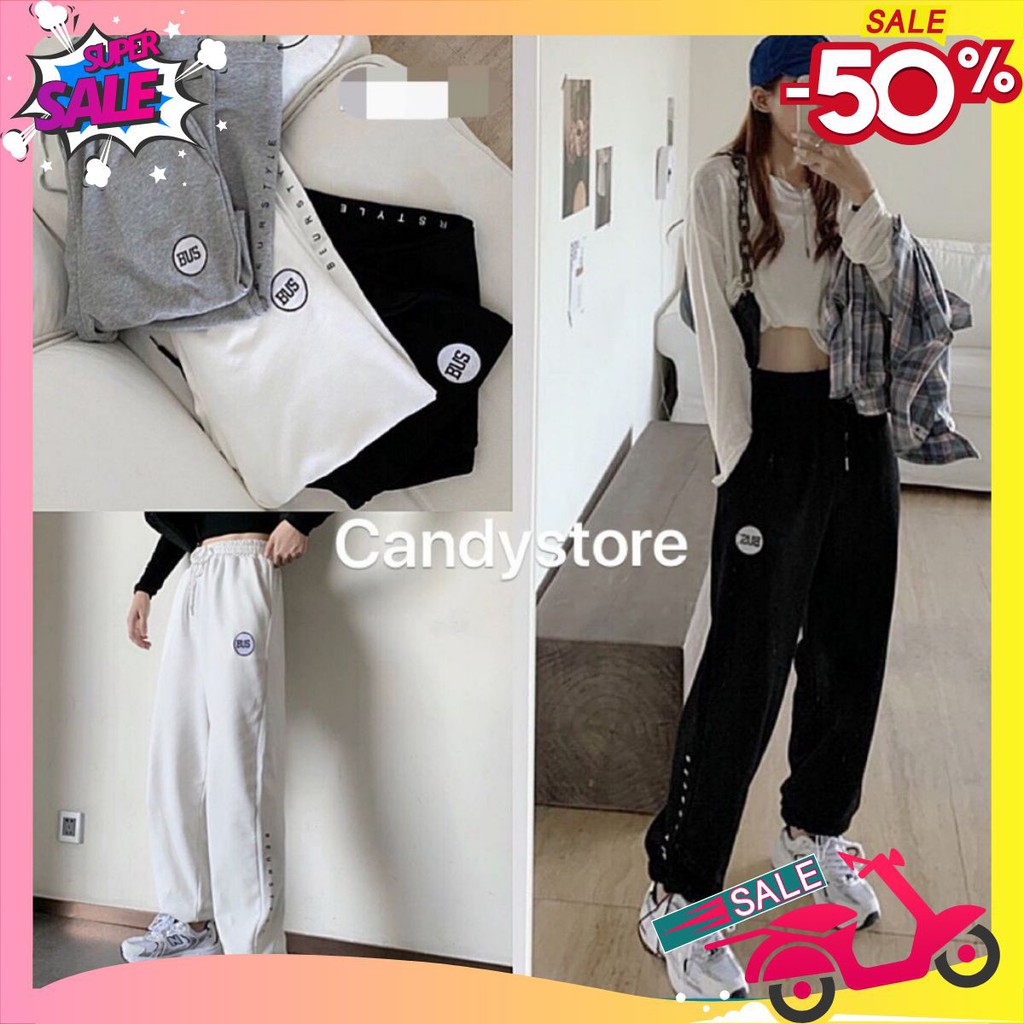 Quần nỉ jogger 🦋 thêu chữ BUS dáng suông thể thao ống rộng 3 màu chất vải cotton dày dặn mềm mịn