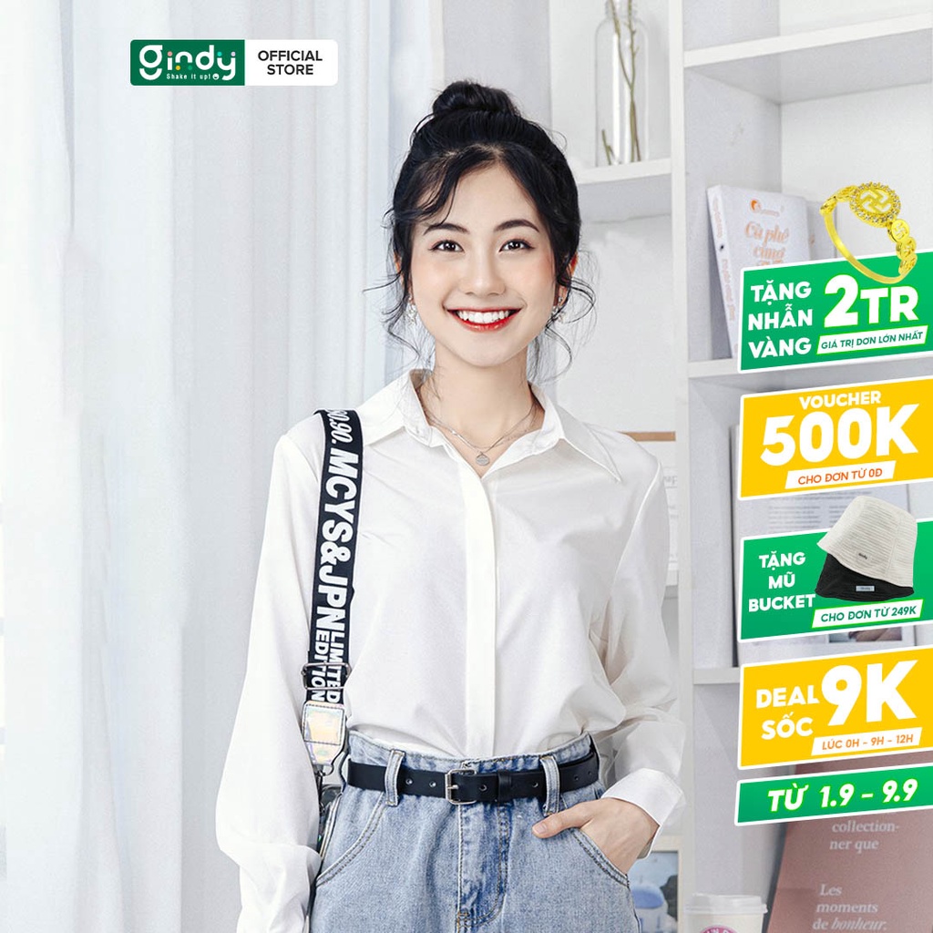 Áo sơ mi nữ trắng giấu cúc dài tay cổ bẻ GINDY dáng suông basic trơn thời trang xuân hè 2022 công sở, học sinh A6110