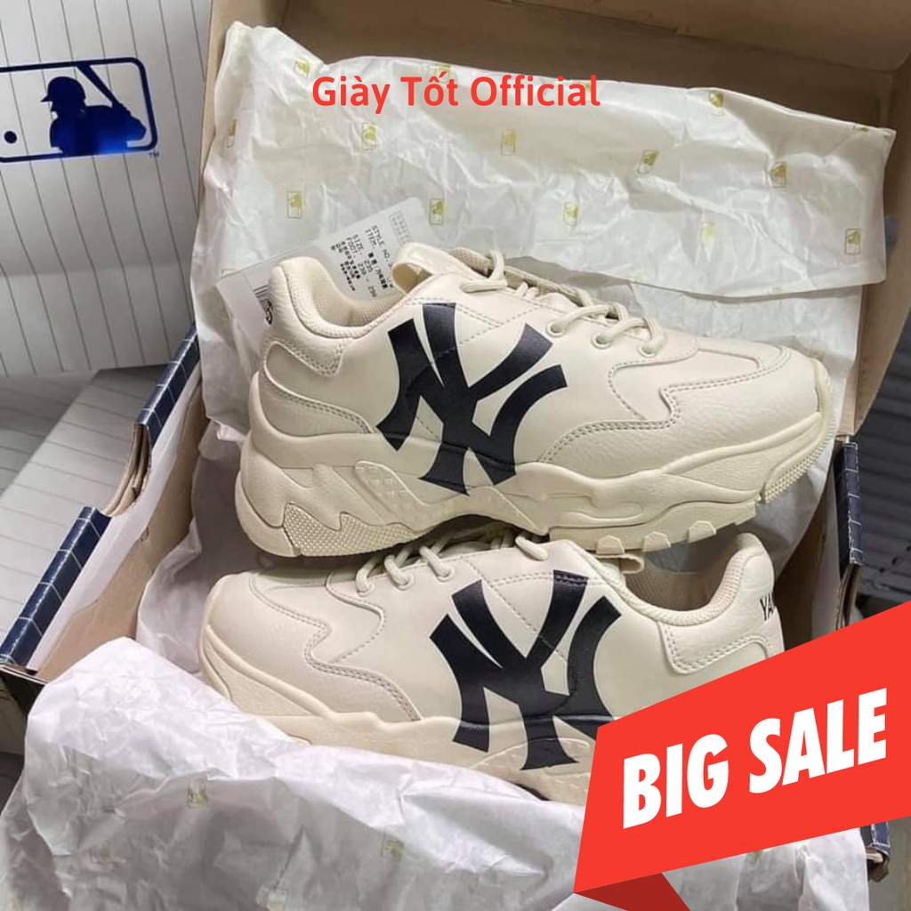 Giày MLB Bigball Chunky A New York Yankees NY Chữ Đen Da Kem Bản Trung Cao Cấp Nam Nữ - Giày Tốt Official