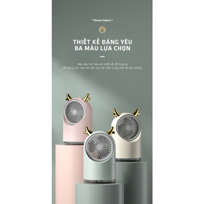 Quạt Phun Sương Hơi Nước Tạo Ẩm Tích Điện Không Dây Để Bàn Dễ Thương- 3 Cấp Độ Gió - Pin Sạc 2500mAh - Bình Chứa 400ml
