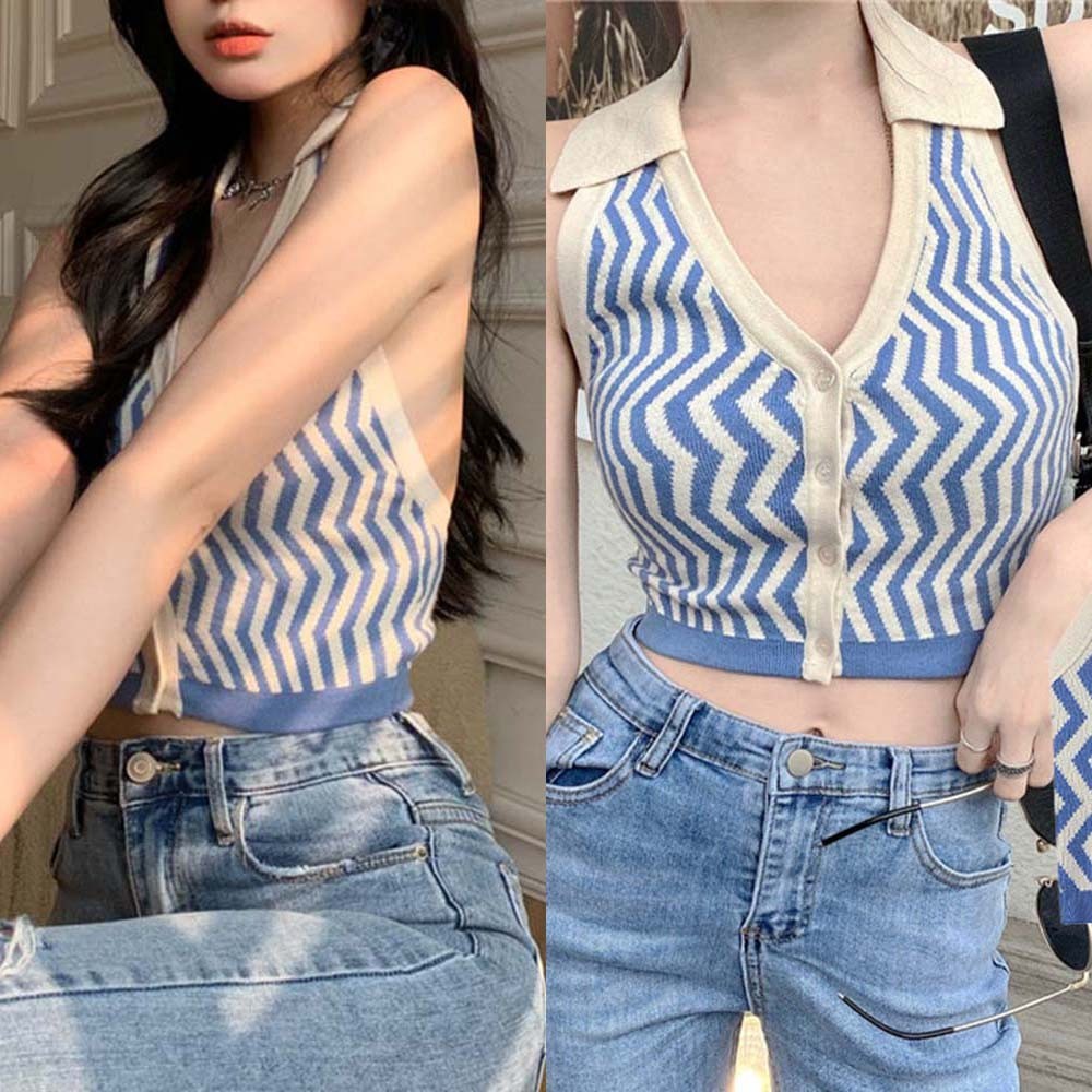 Áo Crop Top Sát Nách Kẻ Sọc Trắng Xanh Thời Trang Cho Nữ