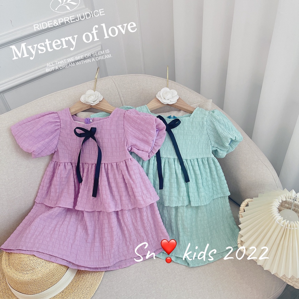 Váy bé gái, váy đũi nhún tầng cổ nơ điệu đà chất liệu xịn sò cho bé