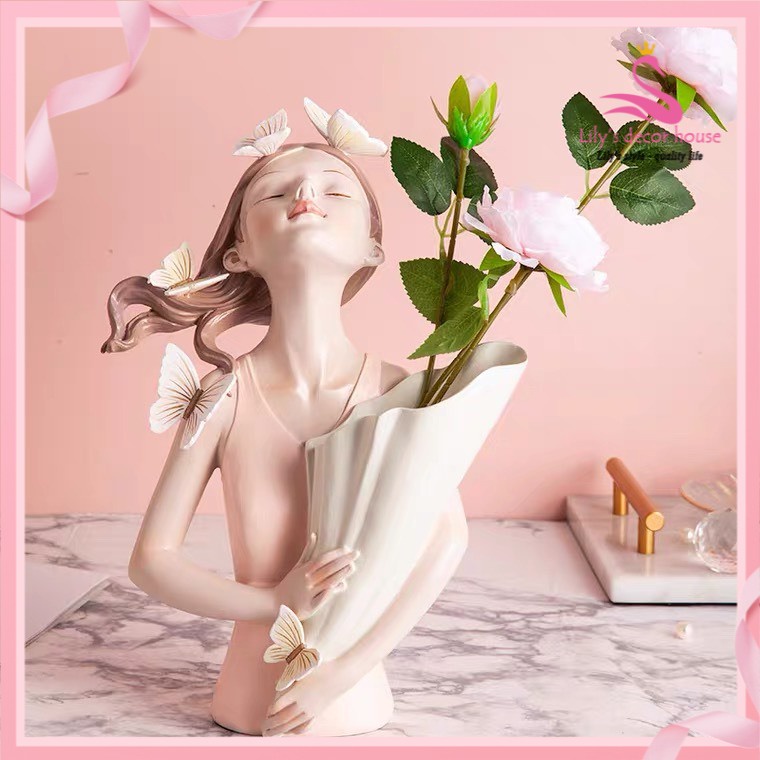 &lt;Quà  tặng &gt;Cô gái ôm hoa Xanh -Hồng xinh xắn để bàn cắm hoa trang trí Decor nội thất