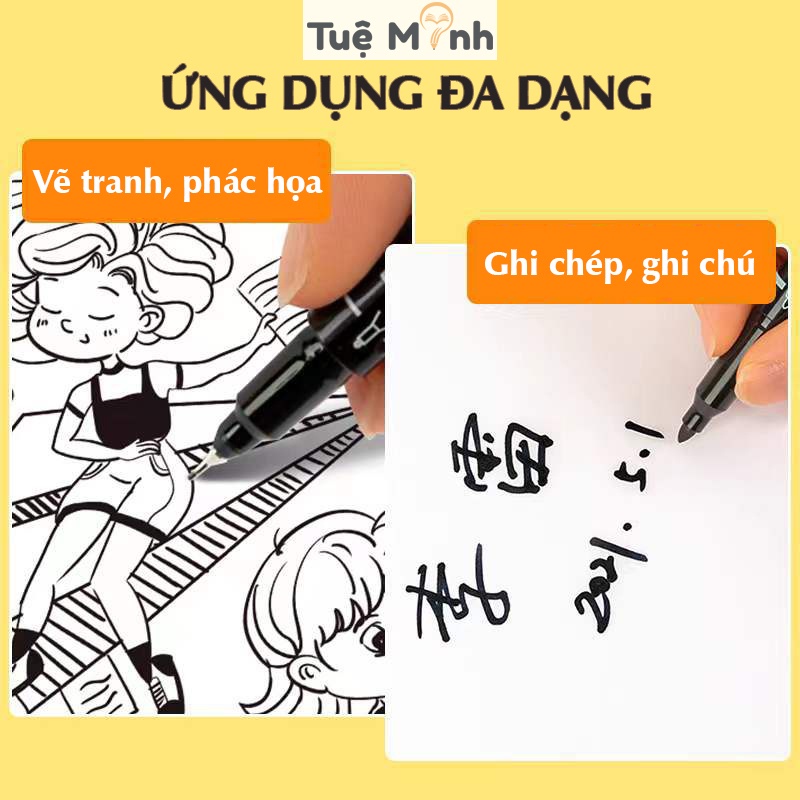 Bút Marker 2 đầu kèm đi nét line, bút viết, vẽ sketch linh hoạt Aihao mực đen/ xanh/ đỏ
