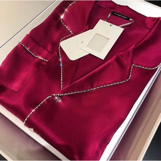 Bộ pyjama lụa satin đính đá dài tay p1045