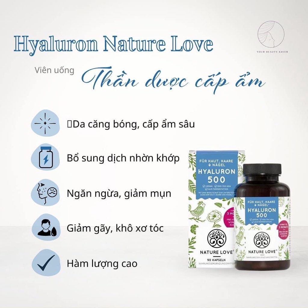 [2/2024] Cấp ẩm hàm lượng HA cao NATURE LOVE HYALURON 500mg Hyaluron 500 (90 viên) Ngăn ngừa lão hóa, hỗ trợ xương khớp