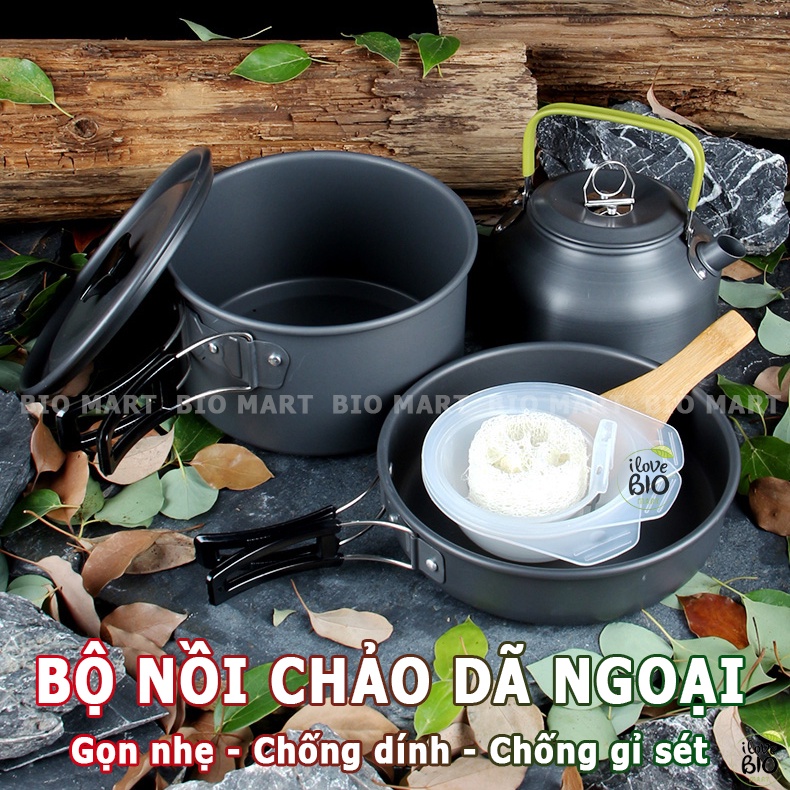 ⚡️FREE SHIP⚡️ Bộ nồi nấu ăn cắm trại dã ngoại 8 món dành cho 2-3 người hợp kim nhôm nhỏ gọn siêu tiện lợi - P014