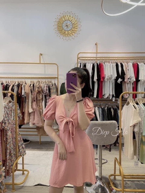 VÁY THẮT NƠ NGỰC HỒNG