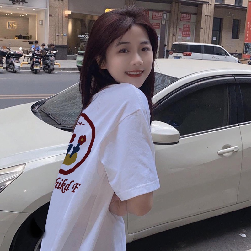 Áo thun Xiaozhainv ngắn tay cổ tròn dáng rộng in họa tiết cá tính cho nữ