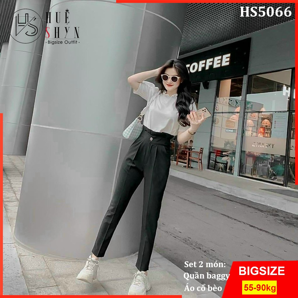 Set quần áo bigsize nữ: quần bigsize nữ baggy khóa kéo lưng bèo + áo bigsize nữ cổ bèo HS5066 - Size 55-90kg L XL XXL