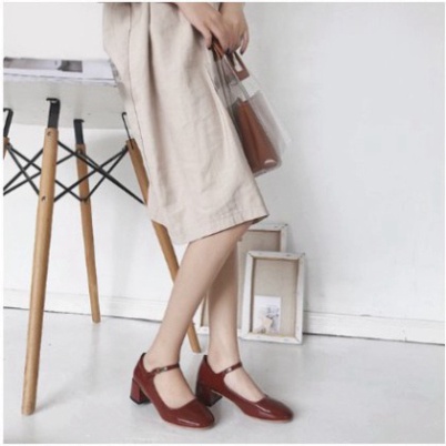 G016 Giày búp bê Marry Jane 5 cm da bóng full box