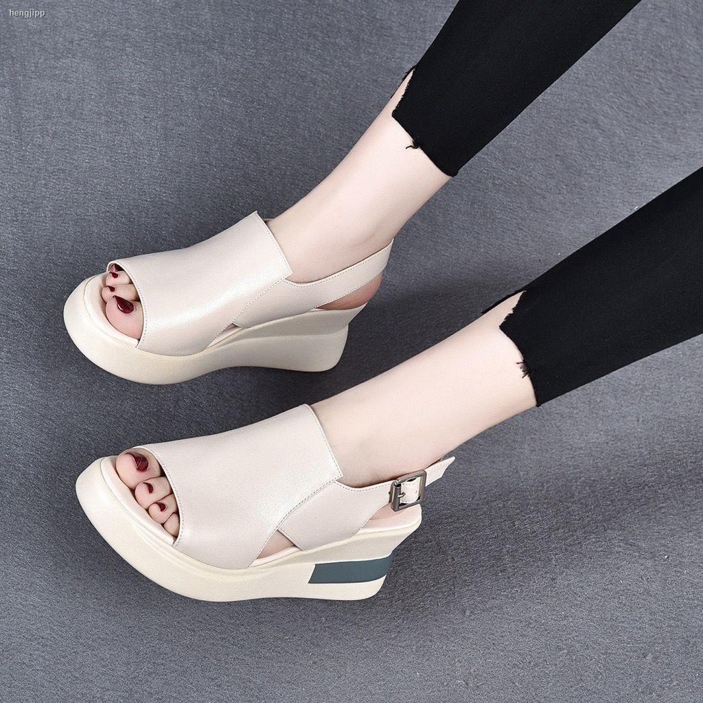 Giày Sandal Da Mềm Đế Xuồng Hở Mũi Thời Trang Cho Nữ 2021