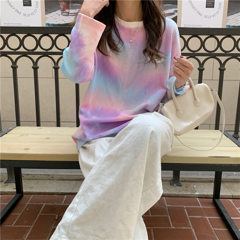 SUXI Áo Thun Tay Dài Nhuộm Màu Dáng Rộng Thời Trang Xuân Thu