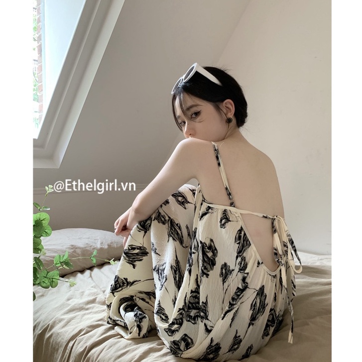 Đầm Midi Hai Dây Dáng Chữ A Hở Lưng Form Rộng In Họa Tiết Phong Cách Pháp Thời Trang Quyến Rũ Cho Nữ
