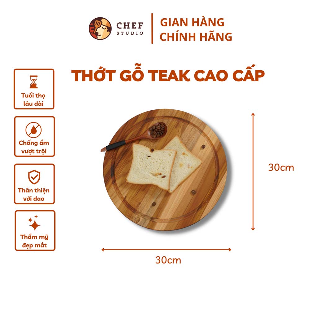 Thớt gỗ Teak Chef Studio cao cấp hình tròn có rãnh, dày 1.4 cm dùng cho cắt thái và trang trí