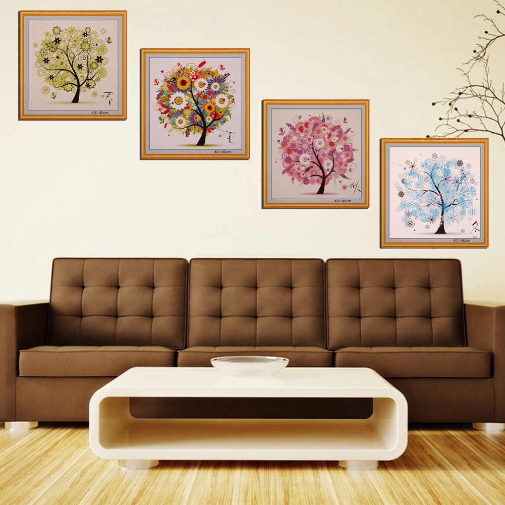 Tranh thêu chữ thập tự làm họa tiết hình cây bốn mùa màu sắc | BigBuy360 - bigbuy360.vn