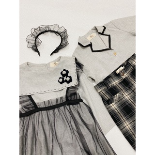 Váy linen dài tay cổ vuông phối voan vintage cho bé gái
