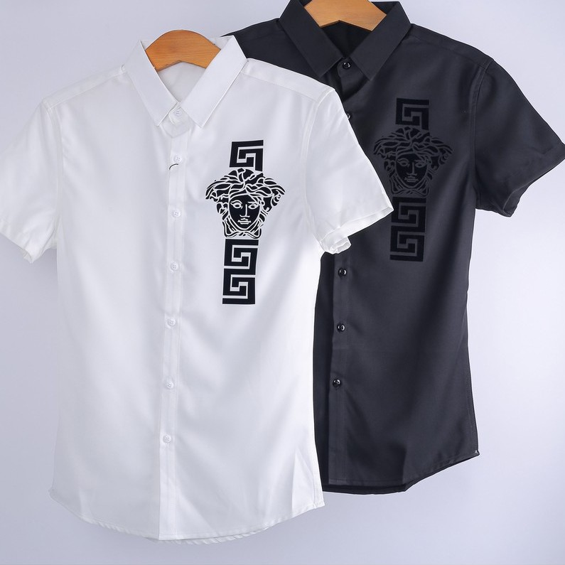 Áo Sơ Mi Nam Tay Ngắn, Áo sơ mi phối họa tiết màu Trắng Đen dáng ôm thời trang nam - F104-1