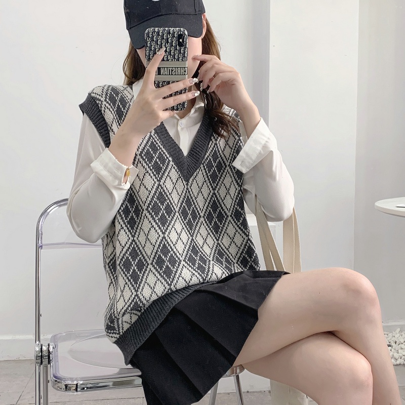 SUXI Áo Len Nữ Không Tay Cổ Chữ V Form Rộng Theo Phong Cách Vintage Đơn Giản