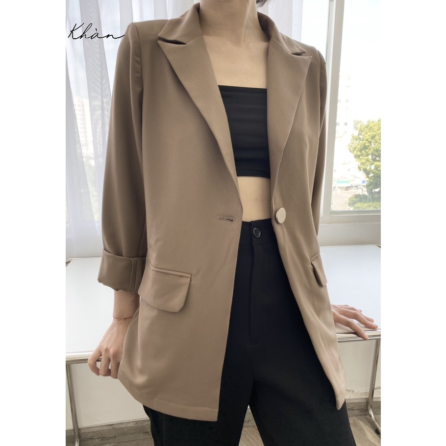 Áo vest blazer nữ KHÀN màu nâu cà phê tà ngang áo khoác công sở tay dài 1 lớp phong cách Hàn Quốc