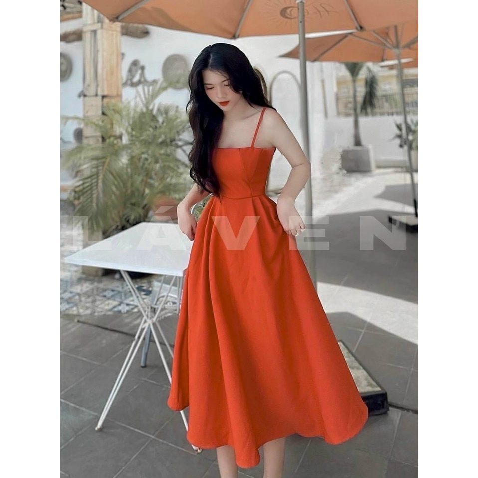 Đầm xòe hai dây có mút màu cam chất cotton lạnh