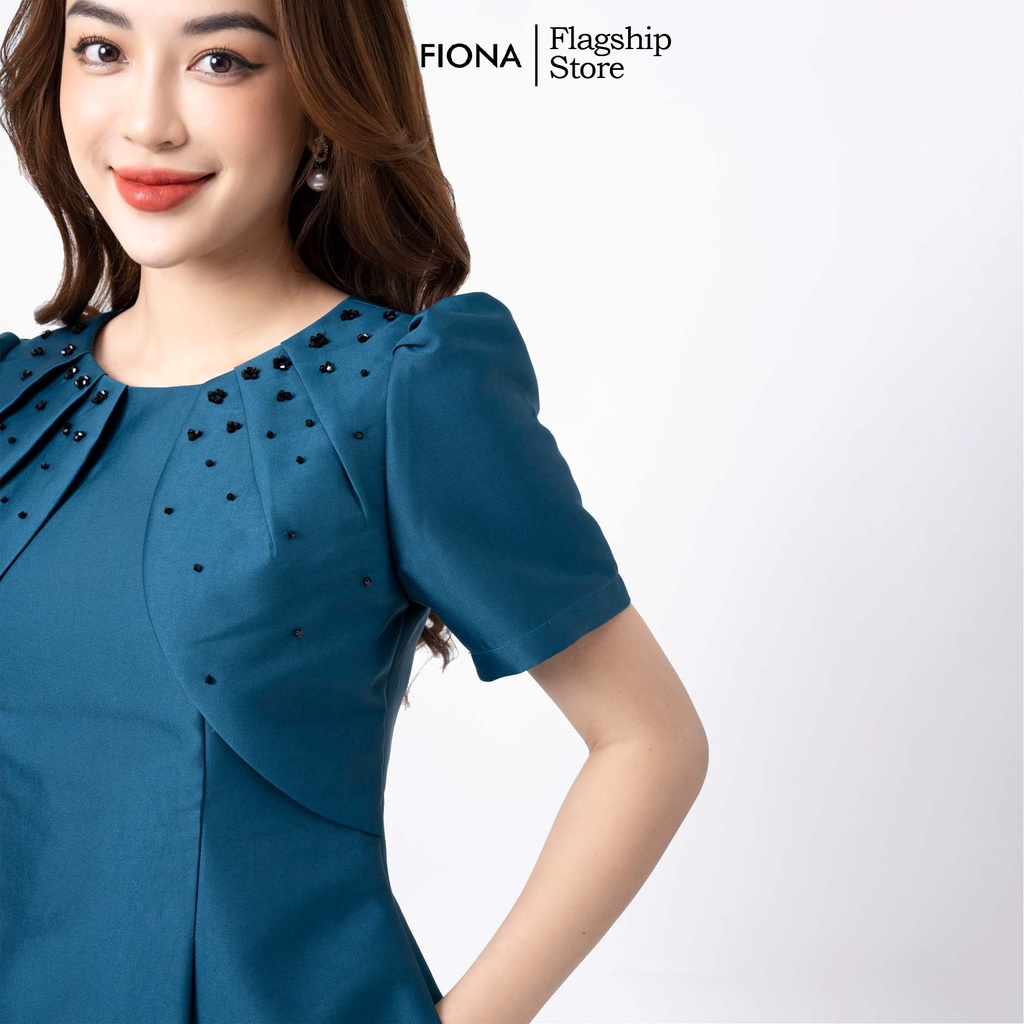 Đầm thiết kế cao cấp FIONA váy công sở nữ dáng dài tay ngắn ngực đính hạt trang trí trẻ trung L452013