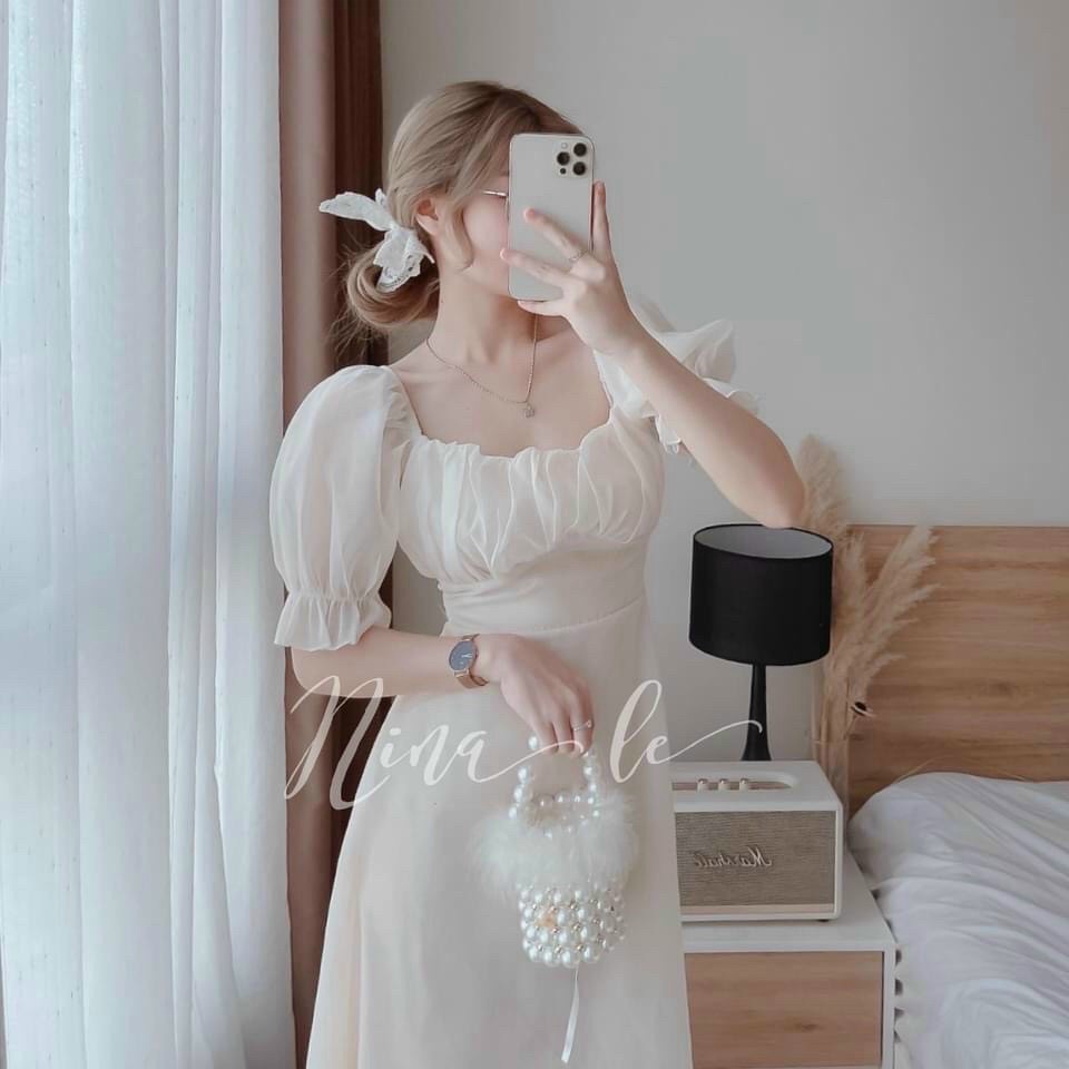 ĐẦM VOAN CHIFON 2 LỚP CÓ MÚT NGỰC TAY BỒNG NHÚN MÀU TRẮNG TINH KHIẾT LỤA LÀ VLTN SHOP