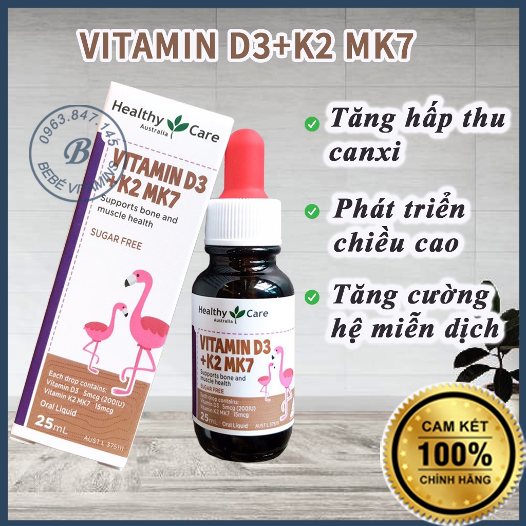 Vitamin D3+K2 MK7 Healthy Care Úc 25ml cho trẻ từ sơ sinh hỗ trợ hấp thu canxi phát triển chiều cao