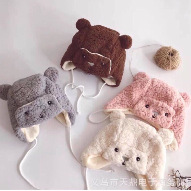 Mũ lông cừu mặt gấu cho bé