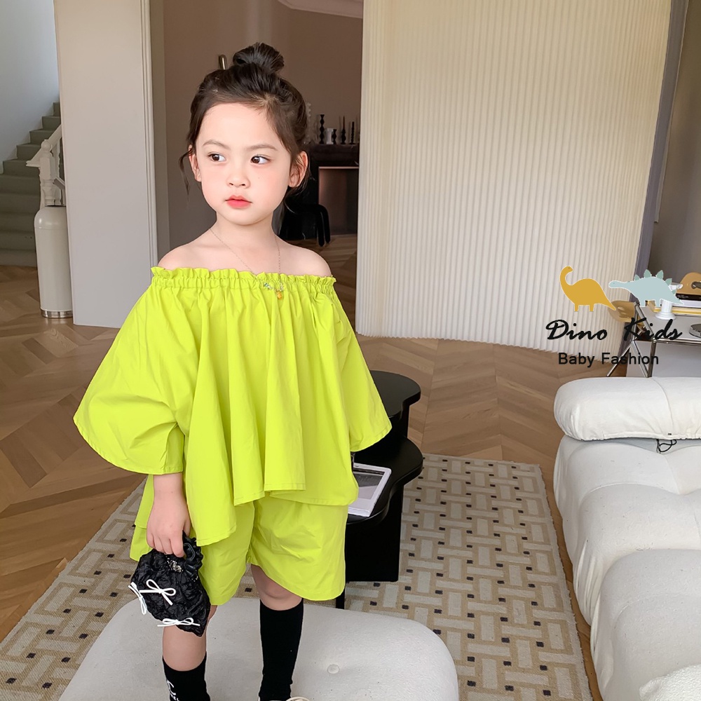 Sét trễ vai bé gái kiểu dáng Hàn Quốc màu xanh bơ, bộ xanh cốm cánh rơi quần short cho bé