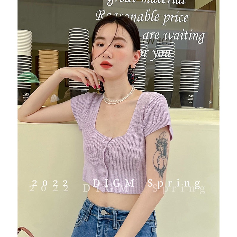 Áo dệt kim COZOKC ngắn tay cổ vuông phong cách cổ điển