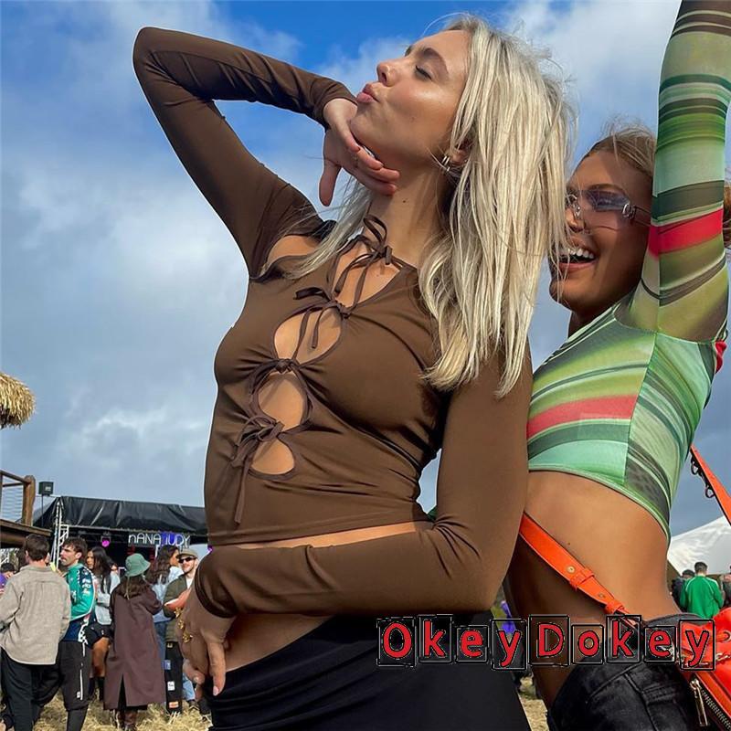 Áo Thun Tay Dài Khoét Sâu Gợi Cảm Y2k Phong Cách 90s E