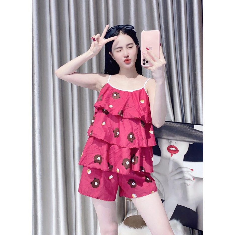 Đồ bộ ngủ, đồ bộ đùi lụa hàn 2 dây bèo 3 tầng siêu kute | BigBuy360 - bigbuy360.vn