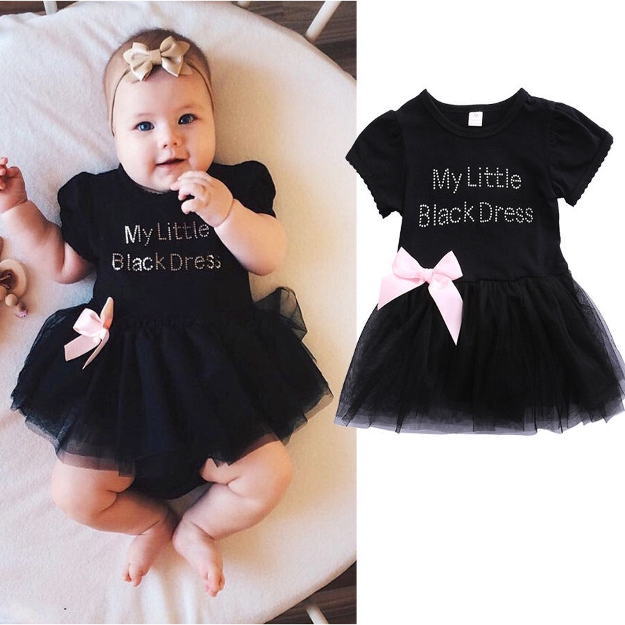 Đầm Lưới Tay Ngắn Màu Đen In Chữ Phối Lưới Thắt Nơ Xinh Xắn Thời Trang Cho Bé Gái