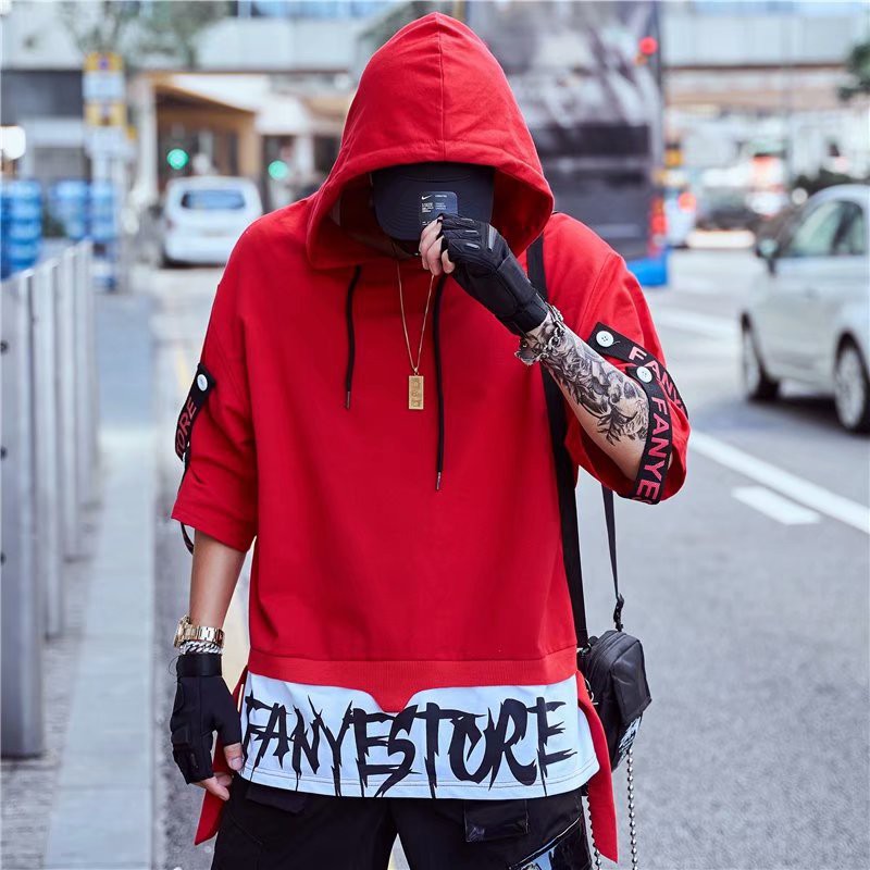 Fake 2-layer short-sleeved hoodie with American fashion letters, super cool personality