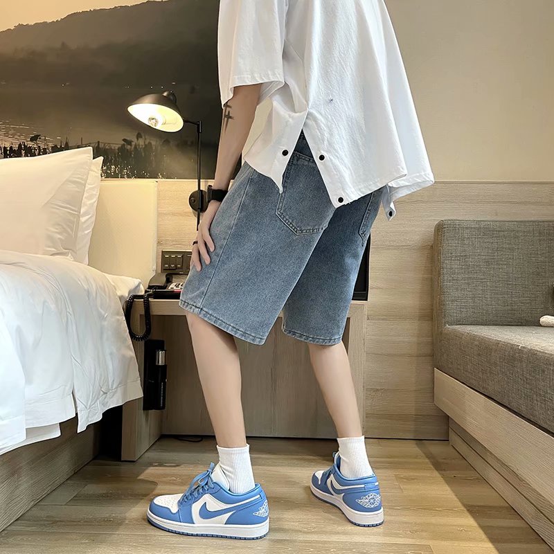 Quần short jean Nam denim dáng rộng quần dài nam phối rách cá tính quần ngắn nữ thời trang mùa hè quần ngắn nam Hàn Quốc quần ống suông