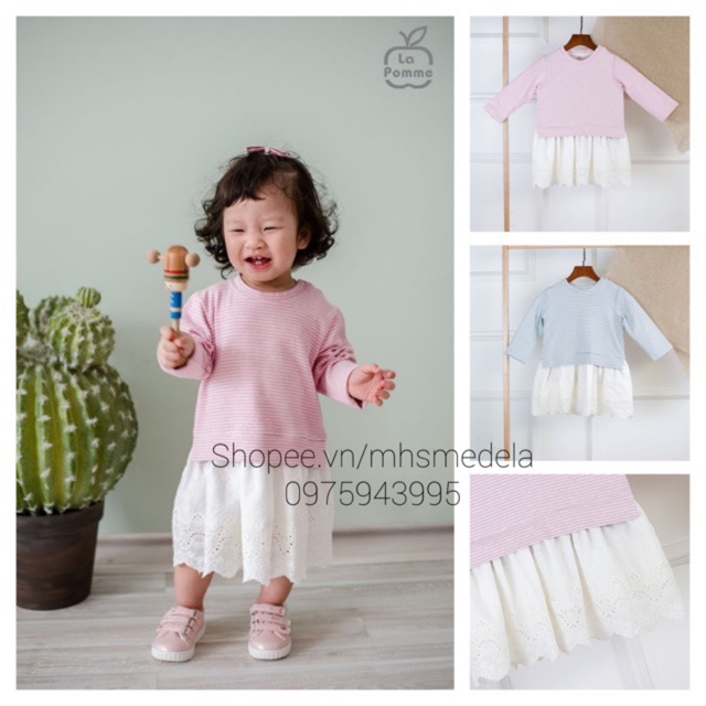 D020 Váy chữ A thêu nổi viền gấu hồng và xanh La Pomme